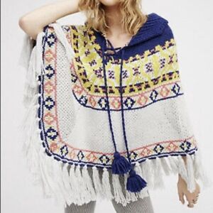 Free People White, Blue & Yellow Knit Hooded Poncho